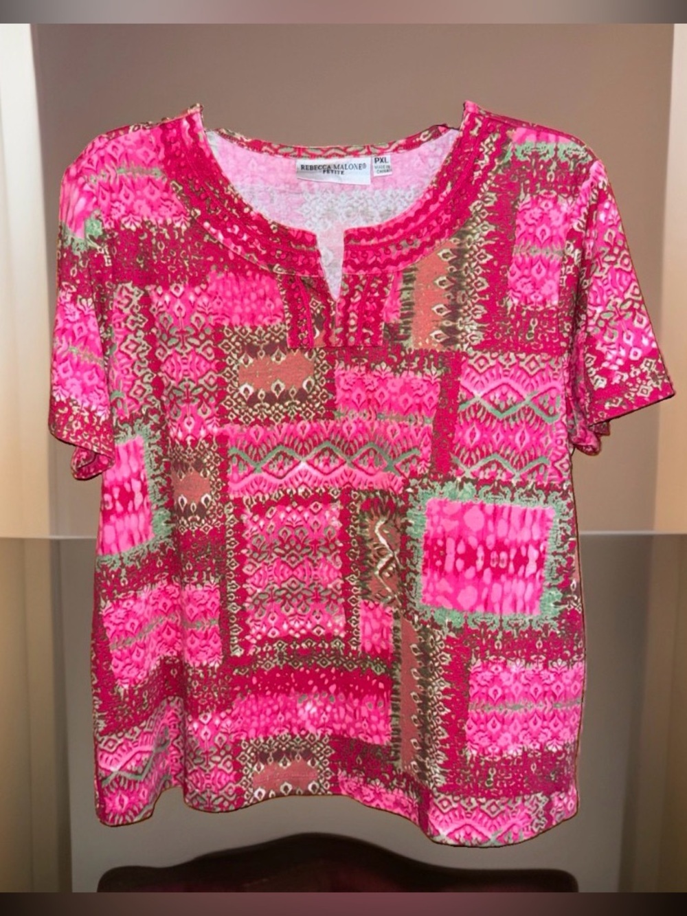 Rebecca Malone Pink Multi-Pattern Short Sleeve knit Top-PXL-EC